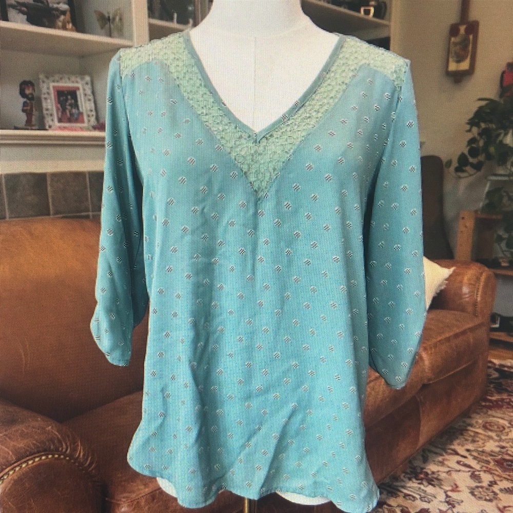 Light Teal V-Neck Womens Top with Lace Trim